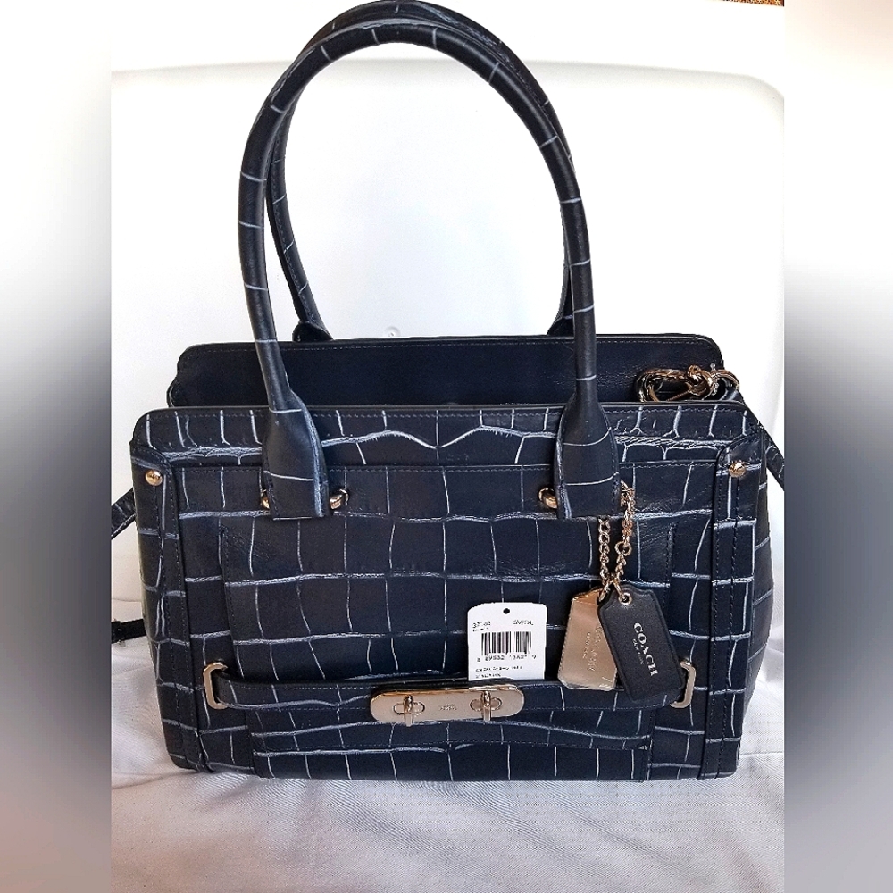 Coach Swagger Frame Satchel in Denim Crocodile-Embossed